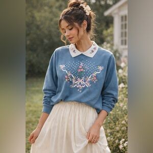 Vintage Floral Collar Sweatshirt | Cottagecore | Size Small